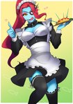 blue_body bow_tie breasts cleavage clothed clothing dress eye_patch eyewear fangs female food fully_clothed gesture hair hand_gesture legwear licking licking_lips maid_headdress maid_uniform nails omelette plate red_hair snaggle_tooth solo stockings teeth thigh_highs thumbs_up tongue tongue_out uniform torotale undertale undertale_(series) undyne animal_humanoid fish fish_humanoid humanoid marine marine_humanoid hi_res