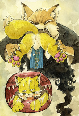 4_fingers anthro anthro_pred anus asian_clothing balls bodily_fluids bottomless bottomless_male claws clothed clothing duo east_asian_clothing eyebrows eyes_closed fangs fingers fur genitals green_eyes half-closed_eyes holding_arms inside_mouth japanese_clothing kimono male male/male narrowed_eyes necktie open_mouth peeing raised_tail saliva scared suit tail tears teeth vore white_eyes yellow_body yellow_fur young young_anthro mutsumiyuu kosaburou canid canine fox ghost mammal spirit 2020 hi_res