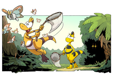 4_fingers anthro black_stripes butterfly_net day duo eyelashes female fingers frown holding_object male net open_mouth open_smile outside plant sky smile stripes tree yellow_body twarda8 zid_journey zniw_adventure zid zniw arthropod dinosaur insect lepidopteran moth prehistoric_species reptile scalie 2026 colored official_art