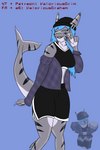 anthro beanie blue_hair bra clothing female gesture grey_body grey_skin hair hand_gesture hat headgear headwear pose solo sports_bra sportswear stripes sweater topwear underwear v_sign valorious_graham ariadne_(valorious_graham) fish marine requiem_shark shark tiger_shark 2:3 hi_res