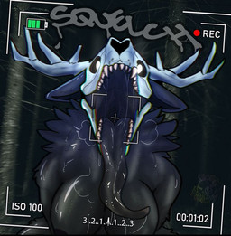 antlers black_body bodily_fluids bone breasts dripping dripping_tongue female found_footage horn long_tongue mouth_shot neck_tuft open_mouth recording saliva saliva_drip skull skull_head solo squelching tongue tuft smolreapy american_mythology indigenous_north_american_mythology mythology north_american_mythology humanoid wendigo watermark