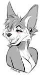 anthro blush ear_cuff ear_piercing female gauged_ear licking licking_lips one_eye_closed piercing simple_background solo teeth tongue tongue_out wink crowparade puck_(puckfennec) canid canine fennec_fox fox mammal true_fox hi_res monochrome sketch