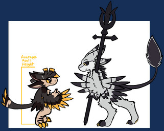 4_ears anthro black_body black_feathers brown_body brown_feathers claws duo embarrassed feathered_wings feathers female fur grey_body grey_feathers grey_fur height_comparison height_teasing height_theme holding_object holding_weapon larger_female male melee_weapon multi_ear orange_body orange_eyes orange_feathers orange_fur polearm simple_background size_difference smaller_male smirking_at_another tail text trident weapon winged_arms wings yellow_eyes trout_(artist) haziq_(darkeeveeon) sevrynn_the_anchor avali avian alpha_channel digital_media_(artwork) english_text female_(lore) male_(lore)