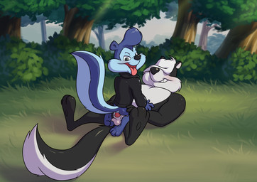 3_toes anal anal_penetration anthro balls big_tail biped black_body black_clothing black_jacket black_nose black_topwear bottomless clothed clothing countershade_face countershade_torso countershading cowgirl_position duo feet from_front_position genitals grass grin hair hair_over_eyes jacket jacket_only leather leather_clothing leather_jacket leather_topwear looking_pleasured male male/male male_on_bottom male_on_top male_penetrated male_penetrating male_penetrating_male nude on_bottom on_top open_mouth outside outside_sex penetration penile penile_penetration penis_in_ass plant plantigrade purple_body purple_hair sex shrub smile tail toes tongue tongue_out topwear topwear_only white_body white_hair minum looney_tunes tiny_toon_adventures warner_brothers johnny_pew pitu_le_pew mammal mephitid skunk striped_skunk 2025 absurd_res hi_res cousins_(lore) incest_(lore)