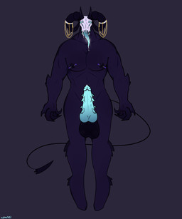 anthro aroused balls big_balls bone claws erection genitals glowing glowing_eyes glowing_genitalia hooves horn jewelry knot knotted_penis long_tongue male multi_eye nipple_piercing nipples pecs penis piercing sharp_teeth skull solo spade_tail spikes tail teeth teratophilia tongue tongue_out woofel deity demon monster 5:6 absurd_res hi_res