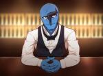 2017 3_fingers arm_support bar bartender biped black_clothing black_eyes black_topwear blue_body blue_skin blurred_background bow_(feature) bow_tie bust_portrait clothed clothing countertop depth_of_field digital_drawing_(artwork) digital_media_(artwork) dress_shirt facial_markings fingers front_view furniture generation_5_pokemon grey_markings half-closed_eyes hands_together head_markings hi_res humanoid humanoid_hands interlocked_fingers leaning_on_elbow light lighting looking_at_viewer male markings narrowed_eyes nintendo not_furry on_table pokemon pokemon_(species) pokemorph portrait sawk shadow shirt sknk_sgm smile solo standing table topwear vest white_clothing white_topwear
