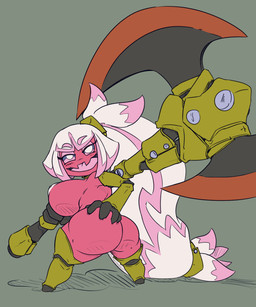 armor axe big_breasts breasts female female_humanoid hair huge_breasts melee_weapon pink_body pink_eyes pink_hair pink_skin ponytail shortstack shortstack_female simple_background solo unconvincing_armor weapon imric1251 nintendo pokemon generation_9_pokemon humanoid pokemon_(species) tinkaton 2022 5:6 digital_media_(artwork) hi_res