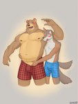 anthro belly belly_grab big_butt biped blep blush boxers_(clothing) boxers_only bulge butt clothed clothing clothing_pull duo flustered fur genitals grabbing_from_behind grey_background hand_on_another's_belly hand_on_belly male male/male musclegut muscular muscular_anthro muscular_male navel nipples nude overweight overweight_anthro overweight_male pattern_clothing pecs penis plaid plaid_clothing romantic romantic_couple simple_background smile standing tail tail_motion tailwag tongue tongue_out topless underwear underwear_only underwear_pull undressing_another weight_difference weight_teasing ronixed arches_(game) echo_(series) echo_project cameron_wilson devon_ortega bear canid canine canis coyote mammal 3:4 absurd_res hi_res signature