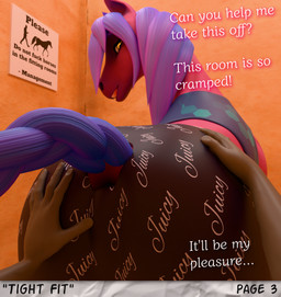 bedroom_eyes behind_another bestiality brown_eyes butt clothing dialogue duo faceless_character faceless_male female female_feral feral fitting_room fur hair hand_on_butt inside looking_at_viewer looking_back looking_back_at_viewer male male/female narrowed_eyes pink_body pink_fur purple_hair rear_view seductive text whorse_3d equid equine horse human mammal 3d_(artwork) absurd_res blender_(artwork) digital_media_(artwork) english_text hi_res