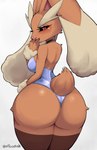 anthro arm_tuft backless_leotard bedroom_eyes big_butt black_sclera blush breasts brown_body brown_fur butt butt_tuft choker clothing covering covering_mouth dipstick_ears ear_markings ear_tuft eyebrows eyelashes female floppy_ears fur highleg highleg_leotard jewelry leotard looking_at_viewer looking_back looking_back_at_viewer multicolored_ears narrowed_eyes necklace pink_inner_ear pink_nose rear_view red_eyes scut_tail seductive short_tail shoulder_tuft simple_background smile solo tail tan_eyebrows thick_thighs tuft white_background allbeatnik nintendo pokemon generation_4_pokemon lopunny pokemon_(species) hi_res