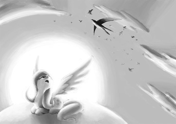 ambient_silhouette cloud cutie_mark detailed_ambient_creature feathered_wings feathers female feral group hair long_hair looking_up open_mouth outside silhouette sitting sky skyscape solo_focus sun wings everfree-sea friendship_is_magic hasbro my_little_pony mythology fluttershy_(mlp) ambient_bird ambient_flier avian bird equid equine mammal mythological_creature mythological_equine pegasus greyscale monochrome
