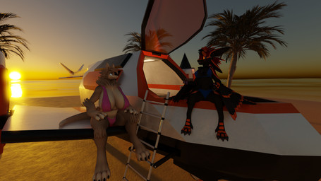 4_arms 4_ears anthro beach bikini black_body black_feathers clothing feathers multi_arm multi_ear multi_limb orange_body orange_feathers pawpads purple_pawpads red_body red_feathers sitting spacecraft sunset swimwear two-piece_swimsuit vehicle water data_hellfire data_hellfire_(character) vincent_(zeckle) avali mamagen 16:9 3d_(artwork) absurd_res digital_media_(artwork) hi_res widescreen