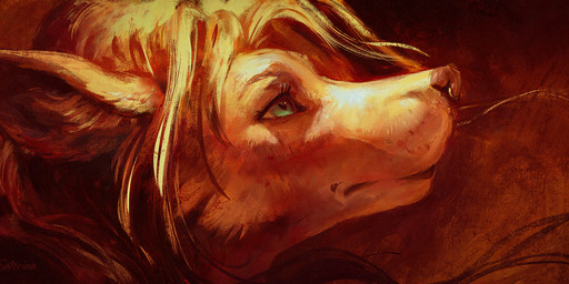 ambiguous_gender anthro facial_piercing fur green_eyes hair inner_ear_fluff looking_aside nose_piercing nose_ring piercing ring_piercing solo tuft whisker_spots saterina canid canine mammal 2026 digital_media_(artwork) headshot_portrait hi_res portrait red_theme signature