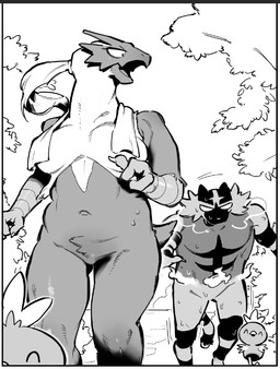 3_fingers anthro beak biped bodily_fluids breasts eyes_closed female feral fingers fur group looking_back male muscular muscular_female muscular_male navel open_mouth plant standing sweat tail towel tree trio gyu_hydrogen nintendo pokemon blaziken generation_3_pokemon generation_7_pokemon incineroar pokemon_(species) torchic