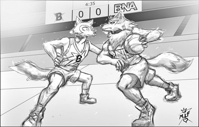 5_fingers anthro ball basketball basketball_(ball) basketball_uniform bottomwear clothed clothing collar duo fingers footwear fur gym humanoid_hands jersey male scoreboard shirt shoes shorts sneakers sport sportswear text text_on_clothing text_on_topwear topwear uniform calangobronzeado beastars brand_new_animal studio_trigger legoshi_(beastars) shirou_ogami canid canine canis mammal wolf 2021 black_and_white monochrome signature traditional_media_(artwork)