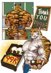 abs anthro apron apron_only bento_box biceps butt clothing facial_scar follower_number food male muscular muscular_anthro muscular_male nipples offering_food offering_to_viewer omelette pecs rear_view scar striped_body stripes tail vein veiny_muscles traver009 coach_ho felid mammal pantherine tiger absurd_res hi_res