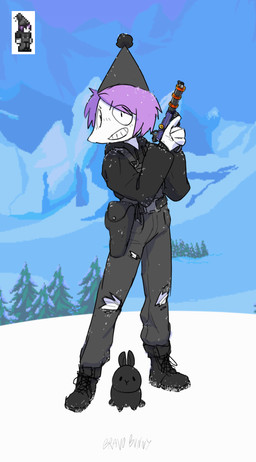 ambiguous_gender arctic black_body black_clothing black_footwear black_fur black_jacket black_shoes black_topwear bottomwear clothed clothed_ambiguous clothing detailed_background evergreen_tree footwear fully_clothed fully_clothed_ambiguous fur grey_bottomwear grey_clothing grey_pants grin hair hat headgear headwear holding_object holding_ranged_weapon holding_raygun holding_weapon jacket mountain outside pants party_hat pine_tree plant purple_hair ranged_weapon raygun shoes smile snow solo topwear tree weapon winter bravobunny terraria humanoid lagomorph leporid mammal rabbit full-length_portrait hi_res portrait
