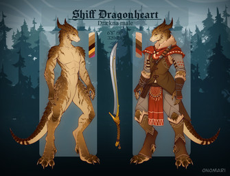anthro biped claws clothed clothing horn male melee_weapon scales scar simple_background solo standing sword tail text warrior weapon yellow_eyes onomari mythology shiff_dragonheart mythological_creature mythological_scalie reptile scalie digital_media_(artwork) english_text hi_res model_sheet