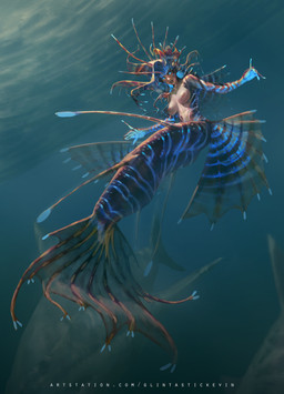 ambiguous_gender blue_eyes breasts butt female female_focus feral fin group humanoid_focus looking_at_viewer looking_down looking_down_at_viewer nipples nude solo_focus split_form underwater water kevin_glint aquatic fish humanoid lionfish_humanoid merfolk shark digital_media_(artwork) hi_res