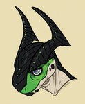 anthro black_body black_horn blue_eyes glistening glistening_eyes green_body horn male mouth_closed pupils simple_background solo tan_background white_body white_pupils riorix scalie 2018 dated headshot_portrait hi_res portrait signature