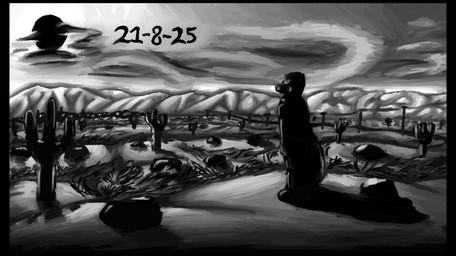 ambiguous_gender anthro cloud desert dunes landscape lonely mountain rim_light rock sand shadow silhouette silhouetted_body sky skyscape solo macistefx dead_sky riley_"ri"_keller_(dead_sky) border_collie canid canine canis collie domestic_dog herding_dog mammal pastoral_dog sheepdog absurd_res hi_res monochrome painting_(artwork) promotional_material