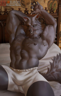abs anthro armpit_hair armpit_tuft bed biped black_nipples body_hair claws eyes_closed facial_scar finger_claws fur furniture grey_body grey_fur male male_anthro muscular muscular_anthro muscular_male navel nipples on_bed pecs scar sitting solo text blancws elden_ring fromsoftware blaidd_(elden_ring) canid canine canis mammal wolf 2025 digital_media_(artwork) hi_res url