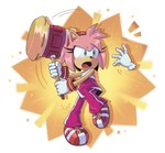 absurd_res accessory amy_rose anthro clothing disembodied_hand duo eulipotyphlan female footwear gloves hair_accessory hairband handwear hedgehog hi_res macarena_vizuete mammal open_mouth piko_piko_hammer sega shoes signature simple_background solo_focus sonic_the_hedgehog_(series)