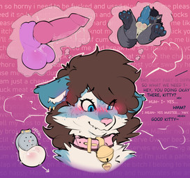 animal_genitalia animal_penis anthro anus aroused balls bell bell_collar black_hair blue_body blue_eyes blue_fur blush blush_lines bodily_fluids brown_hair butt canine_genitalia canine_penis chastity_cage chastity_device collar collar_tag curly_hair dialogue disembodied_penis dominant dominant_male drooling ear_piercing ear_ring embarrassed erection feet femboy flat_chastity_cage flustered fur genital_fluids genitals grey_body grey_fur group hair heart_tag knot knotted_penis leaking_precum male penis piercing pink_collar precum ring_piercing saliva submissive sweat sweaty_balls sweaty_butt sweaty_genitalia talons teasing text text_on_collar_tag thought_bubble toes trio wearing_collar white_body white_fur rhewlif drake_(ceruleandrake) rhewlif_(character) canid canine felid hybrid loth-wolf mammal maned_wolf pantherine snow_leopard 2026 colored digital_media_(artwork) english_description english_text hi_res nonbinary_(lore) trans_(lore)