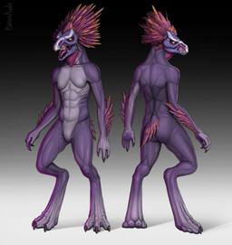 3_fingers 3_toes abs animal_genitalia anthro arm_feathers arm_tuft avian_caruncle beak breasts butt digitigrade feather_hair feathered_crest feathers featureless_breasts feet female female_anthro fingers genital_slit genitals gradient_background grey_body grey_scales head_crest muscular muscular_anthro muscular_female non-mammal_breasts nude pseudo_hair pupils red_body red_feathers scales scuted_feet scuted_hands scutes short_tail simple_background slit_pupils small_breasts solo standing tail tail_feathers toes tuft yellow_eyes barakkuda halo_(series) microsoft xbox_game_studios on'tari_(novera) alien avian kig-yar scalie t'vaoan colored hi_res model_sheet