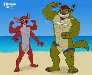 4_arms 4_toes 5_fingers 5_toes anthro arm_tuft beach beard biped black_eyes black_nose blue_sclera bottomwear brown_hair clothing crotch_tuft day duo elbow_tuft facial_hair featureless_crotch feet fingers flexing flexing_bicep fur green_body green_eyes green_fur grey_body grey_fur grin hair male multi_arm multi_limb muscular muscular_anthro muscular_male open_mouth outside pink_nose plantigrade red_body red_fur sea short_hair small_tail smile tail text tf_into_fictional_character toes torn_bottomwear torn_clothing tuft water hornbuckle disney lilo_and_stitch stitch! bragg_(stitch!) fan_character frost_(frostknight) frost_(frostknight;_experiment) alien experiment_(lilo_and_stitch) 2026 artist_name digital_drawing_(artwork) digital_media_(artwork) english_description flat_colors hi_res
