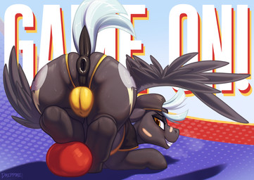 animal_genitalia anus ass_up backsack backwards_baseball_cap backwards_hat ball ball_fondling balls balls_outline bandage baseball_cap bedroom_eyes big_butt black_body bodily_fluids breath buckball bulge bulge_from_behind butt clothed clothed_feral clothing cutie_mark detailed_bulge dock_(anatomy) docked_tail equine_anus equine_genitalia eyeliner femboy feral fictional_magazine_cover fondling genital_outline genitals glistening glistening_anus grey_body grey_hair grey_tail grin hair half-closed_eyes hat headgear headwear jockstrap looking_at_viewer looking_back looking_back_at_viewer lustful_gaze lying makeup male narrowed_eyes on_front photo_shoot presenting presenting_anus presenting_hindquarters puffy_anus rear_view seductive shirt short_tail smile smiling_at_viewer smug smug_face solo sport sportswear spread_legs spread_wings spreading sweat tail text topwear underwear wings yellow_eyes dripponi friendship_is_magic hasbro my_little_pony mythology thunderlane_(mlp) equid equine mammal mythological_creature mythological_equine pegasus 2026 english_text hi_res