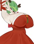 big_breasts breasts clothed clothing curvy_figure dress female green_body green_hair hair holidays huge_breasts legwear looking_at_viewer not_furry red_clothing red_dress red_eyes simple_background smile solo thick_thighs voluptuous white_body wide_hips melonpuff christmas nintendo pokemon gardevoir generation_3_pokemon humanoid pokemon_(species) absurd_res hi_res