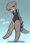 anthro black_clothing black_swimwear blue_background blue_eyes blush blush_stickers clothing eyewear female fur goggles holding_object kemono narrowed_eyes one-piece_swimsuit simple_background solo swimwear tail tan_body tan_fur text whiskers whistle_(object) el-k ms._ota_(el-k) mammal mustelid otter 2023 absurd_res english_text hi_res