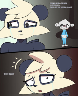 anthro black_body blue_body blush blush_stickers bodily_fluids creepy crying dialogue duo eyelashes forest long_eyelashes male plant sad stare tears text tree token_taker nintendo pokemon cham_(token_taker) pan_(token_taker) generation_3_pokemon generation_6_pokemon meditite pancham pokemon_(species) comic digital_drawing_(artwork) digital_media_(artwork) english_text hi_res