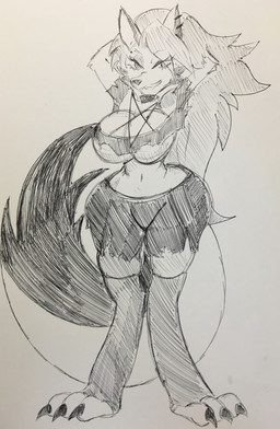 anthro big_breasts bottomwear breasts clothing collar ear_piercing female fur hair hands_behind_head hands_behind_own_head leggings legwear navel piercing skirt solo spiked_collar spikes teeth thick_thighs topwear wide_hips pikapika212 hellaverse helluva_boss mythology loona_(helluva_boss) canid canid_demon canine demon hellhound mammal mythological_canine mythological_creature 2021 hi_res monochrome sketch traditional_media_(artwork)