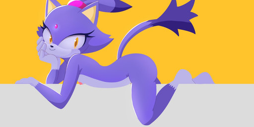 anthro banner breasts female flat_chested fur hand_on_head looking_at_viewer lying nipples nude nude_anthro nude_female on_front pink_nipples purple_body purple_fur simple_background small_breasts smile solo tail yellow_background yellow_eyes akuzaguy sega sonic_the_hedgehog_(series) blaze_the_cat domestic_cat felid feline felis mammal 2025 digital_media_(artwork) hi_res