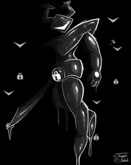 dripping glistening glistening_body lock_bulge lock_symbol melee_weapon null_bulge solo squeaking sword throbbing weapon riggedreded deltarune undertale_(series) roaring_knight goo_creature latex_creature 2026 hi_res monochrome