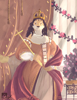 anthro brown_hair cape cheek_tuft clothing coat cross crown curtains eyebrows_(marking) facial_tuft female gem gown hair headgear holding_object jewelry long_hair looking_aside necklace pearl_(gem) pearl_necklace plant plant_pot potted_plant queen regal regalia robe royalty shirt snout solo staff topwear tuft tunic vines w0lfi unnamed_character canid canine fox mammal detailed hi_res