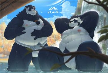 anthro asian_clothing bathing belly big_belly black_body black_nose clothing detailed_background duo east_asian_clothing fundoshi japanese_clothing kemono male moobs nipples outside overweight overweight_male underwear water white_body white_clothing white_fundoshi white_underwear cai1448331577 bear giant_panda mammal 2023 absurd_res hi_res