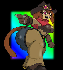 anthro big_butt butt clothing cowboy_hat female gesture hand_gesture hat headgear headwear pointing solo xionthedog gameoverse glitch_productions kit_bodega domestic_cat felid feline felis mammal hi_res