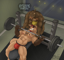 abs anthro arm_tattoo beard bench bench_press biceps blush breasts brown_body bulge chest_tattoo clenched_teeth clothed clothing crouching detailed_background dialogue distracted duo exercise facial_hair floppy_ears flustered fur glass gym hair heterochromia inside jockstrap jockstrap_only leaning lying male muscular muscular_anthro muscular_male night nipples on_back open_mouth pecs red_sclera smile spotter struggling tail tattoo teeth text topless underwear underwear_only weight_bench weightlifting weights window workout rhox canid canine mammal english_text hi_res shaded
