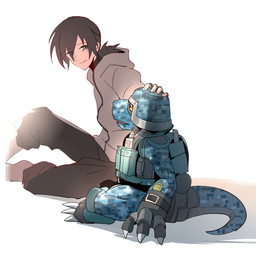 anthro armor black_hair camo camo_print claws duo hair hand_on_head headgear helmet male military ponytail soldier warrior cyanord_k bandai_namco digimon digimon_beatbreak haruomi_sone commandramon digimon_(species) human mammal scalie 1:1 hi_res