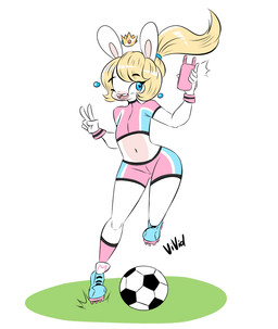 5_fingers anthro arms_bent ball bangs black_eyebrows blonde_hair blue_cleats blue_clothing blue_ear_piercing blue_eyes blue_footwear blue_hair_tie bottomwear cellphone cleats clothed clothed_anthro clothed_female clothing crop_top crown ear_piercing electronics eye_through_hair eyebrows eyelashes eyelashes_through_hair female female_anthro fingers footwear fully_clothed fully_clothed_anthro fully_clothed_female fur gem gesture grass hair hand_gesture headgear heart_pupils heart_symbol holding_cellphone holding_object holding_phone light long_ears long_hair looking_at_cellphone looking_at_object looking_at_phone multicolored_bottomwear multicolored_clothing multicolored_shorts navel noseless on_one_leg one_eye_closed phone piercing pink_bottomwear pink_clothing pink_crop_top pink_shirt pink_shorts pink_soccer_uniform pink_tongue pink_topwear pink_wristband plant ponytail ruby_(gem) sapphire_(gem) shirt shorts simple_background soccer_ball soccer_uniform solo sportswear standing taking_picture taking_selfie tan_body tan_skin tongue topwear translucent translucent_hair uniform v_sign white_background white_body white_fur dullvivid mario_bros mario_plus_rabbids_kingdom_battle mario_strikers nintendo raving_rabbids rayman_(series) ubisoft rabbid_peach lagomorph mammal rabbid 2017 colored crossover digital_drawing_(artwork) digital_media_(artwork) english_description lighting