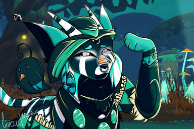 ambiguous_gender beak black_body black_feathers black_fur black_nose black_sclera blue_eyes cheek_tuft clothing duo eyebrows facial_piercing facial_tuft feather_accessory feathered_wings feathers feral fur hat headgear headwear horn nose_piercing nose_ring orange_beak paws piercing raised_paw ring_piercing screencap screencap_background septum_piercing septum_ring teal_body teal_eyebrows teal_fur teal_piercing tuft white_eyes wings wild.doqz fer.al wildworks senri_(fer.al) 2022 digital_drawing_(artwork) digital_media_(artwork)
