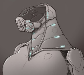 anthro armor big_breasts breasts clothed clothing eyes_closed female female_anthro grey_background grey_body grey_clothing grey_helmet headgear helmet simple_background solo jezzlen scalie bust_portrait portrait
