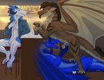 anthro black_claws black_horn blue_body blue_eyes blue_fur blue_penis blue_scales bodily_fluids brown_body brown_fur brown_mane claws erection feet feral foot_fetish foot_play footjob fur genital_fluids genitals group horn male male/male mane oral oral_penetration pawpads penetration penile penis pink_pawpads public scales sex stealth_sex text trio ventral_scales white_body white_fur aggr.mor mythology dragon furred_dragon furred_scalie mythological_creature mythological_scalie scalie sergal english_text