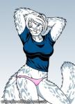 anthro blue_clothing blue_eyes blue_shirt blue_topwear breasts clothing female fluffy fluffy_tail hair inner_ear_fluff looking_at_viewer navel nipple_outline panties pink_clothing pink_panties pink_underwear pose shirt simple_background smile solo t-shirt tail tight_clothing topwear tuft underwear white_hair doc_nickel the_whiteboard pirta_(the_whiteboard) felid mammal pantherine snow_leopard 2018 portrait three-quarter_portrait