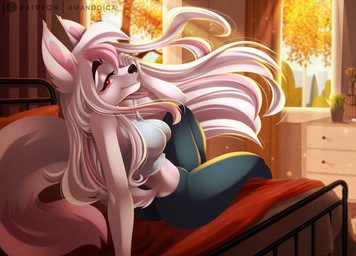 anthro bed bedroom black_nose bottomwear breasts butt clothed clothing female fluffy fluffy_tail fur furniture hair long_hair looking_at_viewer looking_back looking_back_at_viewer midriff multicolored_body multicolored_fur multicolored_hair on_bed pants pink_hair red_eyes shirt sitting sitting_on_bed smile solo tail tank_top topwear white_body white_fur amanddica brand_new_animal studio_trigger nazuna_hiwatashi canid canine fox mammal 2021 digital_media_(artwork) hi_res