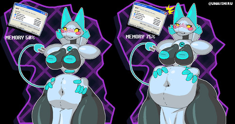 anthro areola belly belly_overhang big_belly big_breasts bloated blue_areola blue_nipples blush breasts deep_navel female holding_belly inverted_nipples machine navel nipples overweight overweight_anthro overweight_female potbelly solo text thick_thighs weight_gain wide_hips umaishiru deltarune undertale_(series) tasque_manager darkner robot english_text