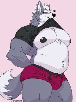 annoyed anthro areola barazoku belly biceps big_belly big_bulge big_muscles big_pecs bite briefs bulge clothed clothing clothing_bite eyebrows fur hair hands_behind_back huge_muscles looking_at_viewer love_handles male musclegut muscular muscular_anthro muscular_male narrowed_eyes navel nipples pecs presenting presenting_belly raised_clothing raised_shirt raised_topwear shirt simple_background solo standing teeth thick_arms thick_thighs topwear triceps tuft underwear white_background mosin nintendo star_fox wolf_o'donnell canid canine canis mammal wolf 2025 3:4 hi_res